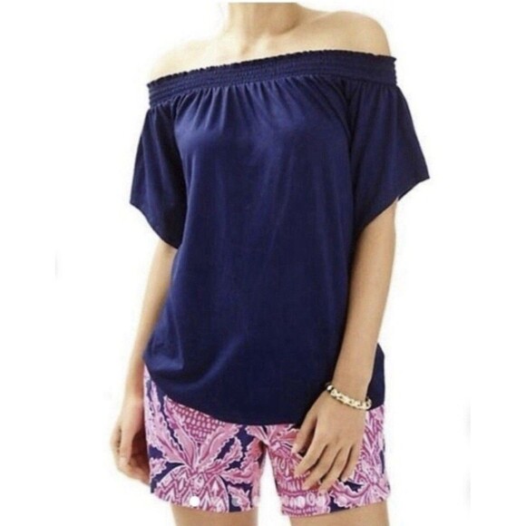 Lilly Pulitzer Tops - Lilly Pulitzer Almeria Navy Blue Smocked Off Shoulder Blouse Top Women’s Small
